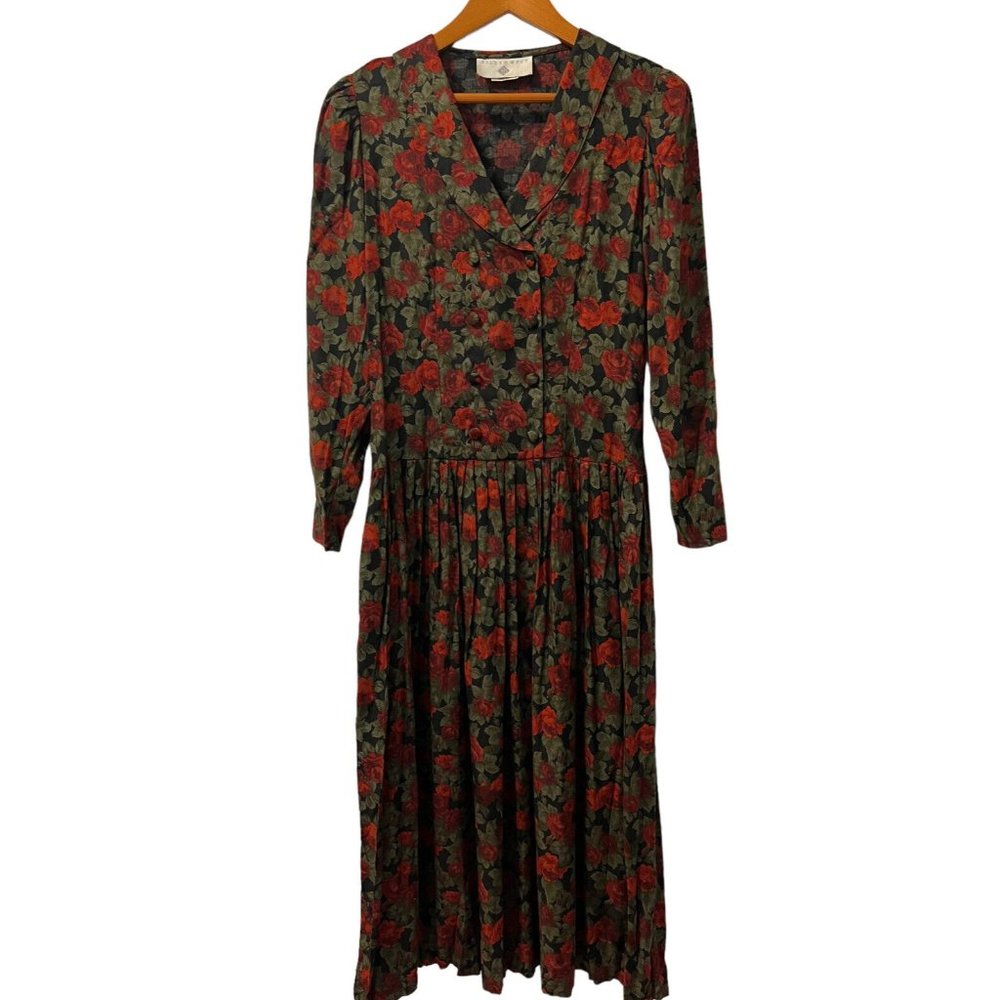 Vintage Eileen West Rayon Challis Floral Pleated Midi Tea Dress Double Breasted